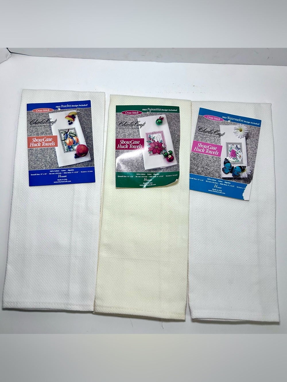 3 Charles Craft Showcase Huck Towels Cross-stitch Peaches Poinsettia Watermelon